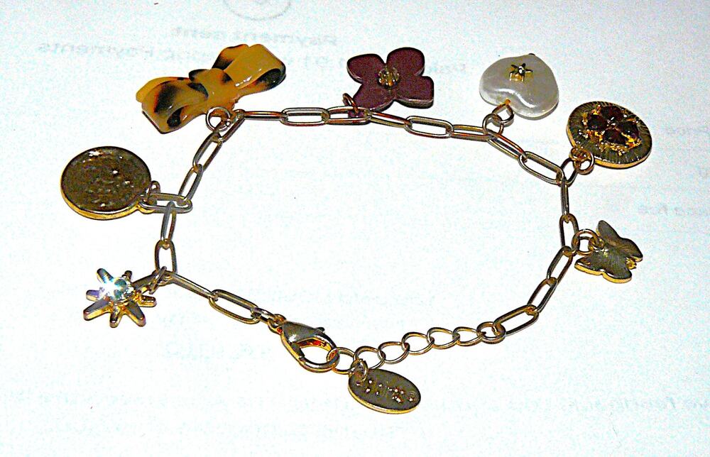 Claires Gold-Tone Charm Bracelet Butterfly Flower Heart Star Bow Accents 7.5"